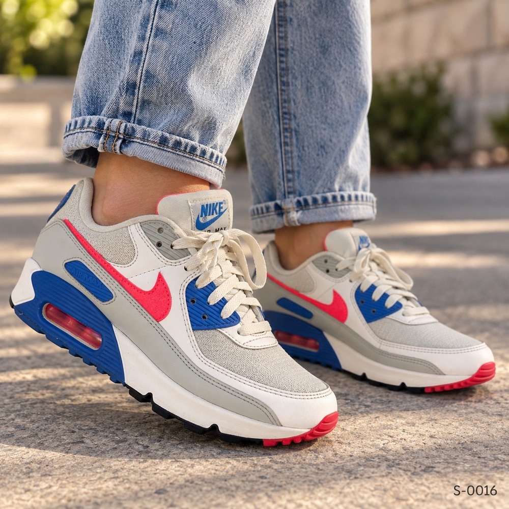 Nike Air Max 90 Womens Size 9 White Blue Solar Red Sneakers S-0016